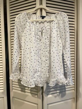 Tommy Hilfiger White Blouse with Blue Polka Dots and Ruffle Trim